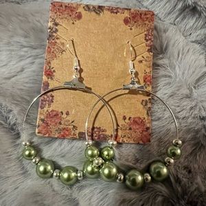 Green Pearl and Silver Beaded Earrings